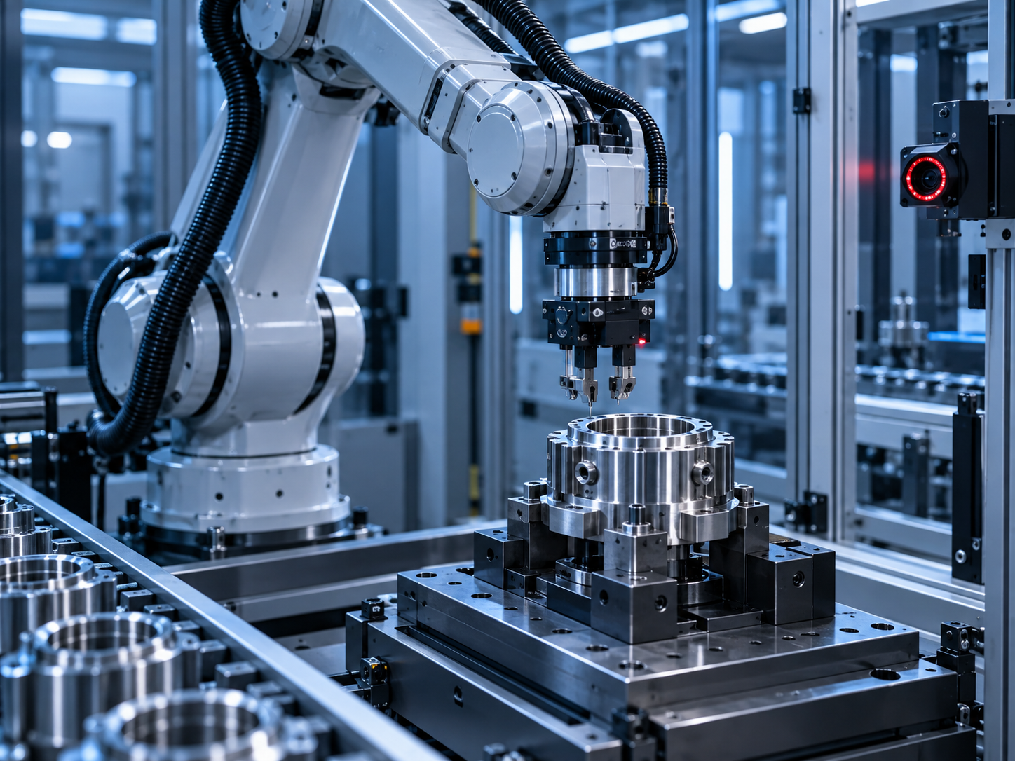 Robotic arm inspecting a machined component